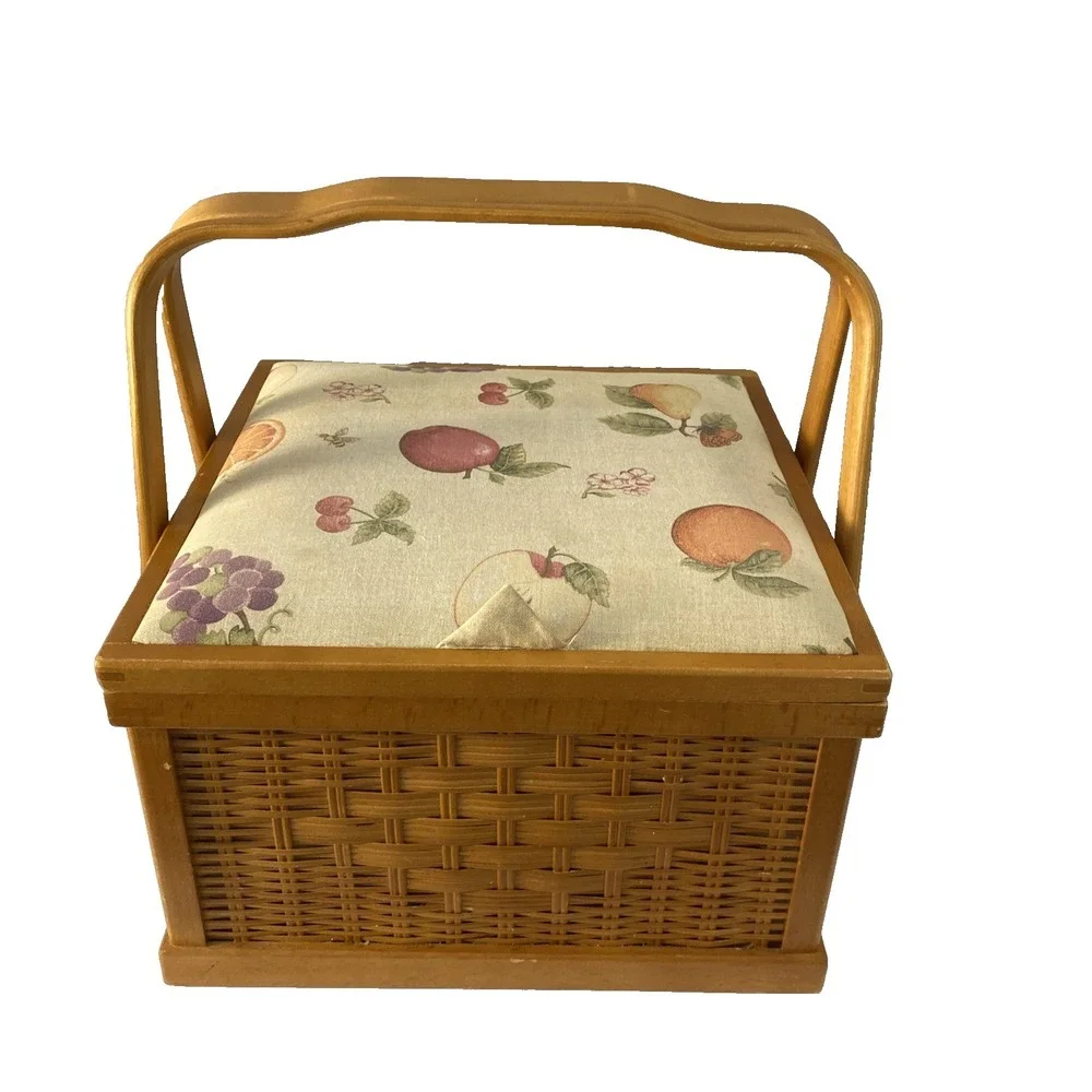 Vtg Jumbo Nantucket Style Wooden Wicker Sewing Basket, Fruit Motif